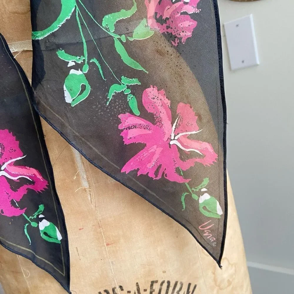 Vera Neumann Vintage Neck Scarf Black with Magenta & Green Floral Print - 60